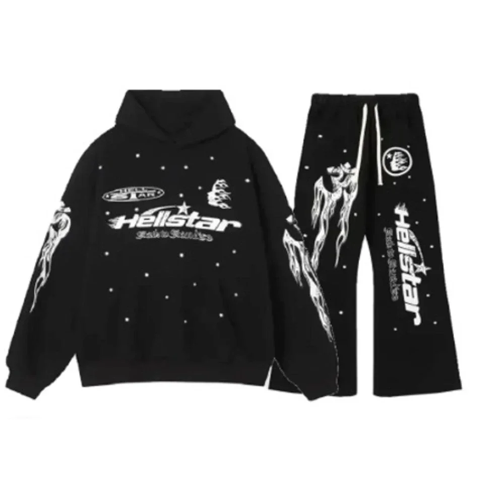 Hellstar Studios Records Tracksuit Hoodie Pants Set Mens L Black Streetwear